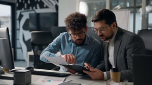 Two Men Looking at Clipboard 