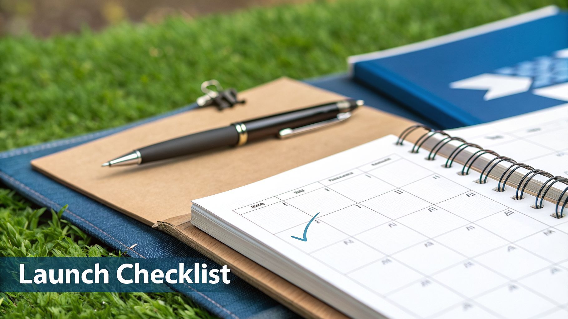Open planner with a blue checkmark, pen, and clipboard on green grass, representing a launch checklist.