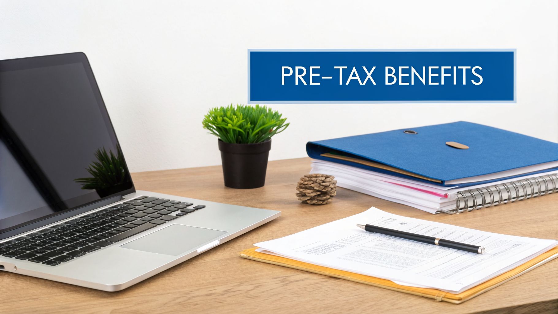 A clean desk setup featuring a laptop, documents, and a banner reading 'PRE-TAX BENEFITS'.