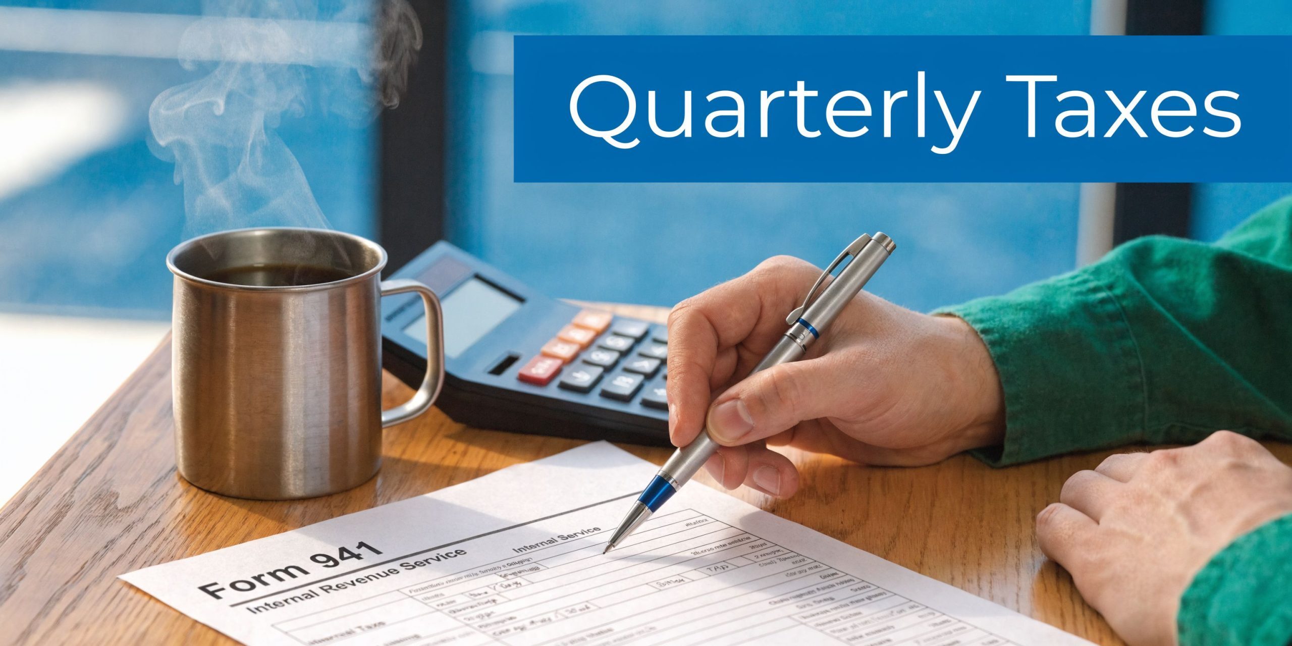 A person fills out IRS Form 941 to file quarterly taxes while drinking hot coffee at their desk.