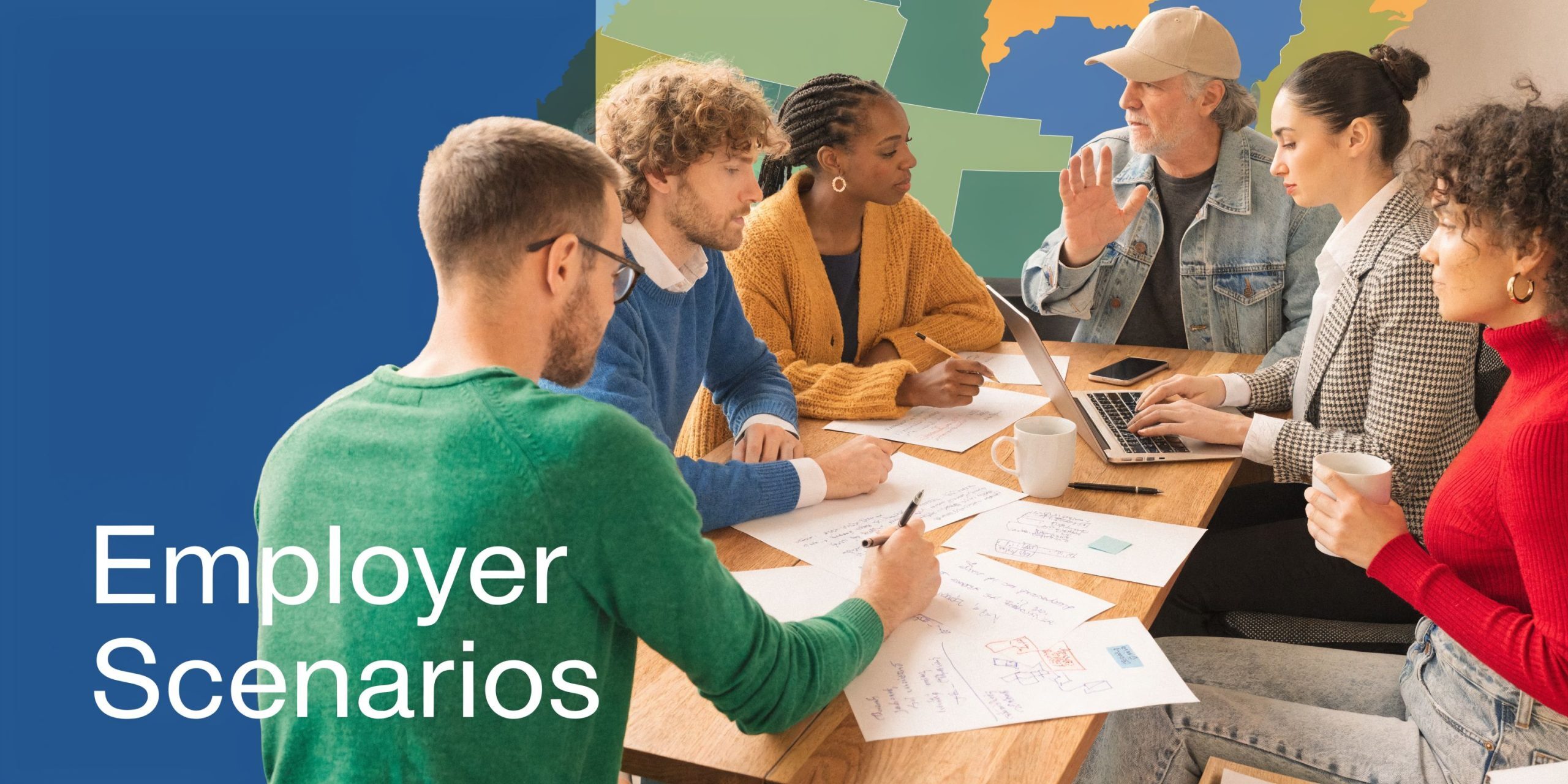A diverse group of professionals collaborates around a wooden table in an office setting with maps.