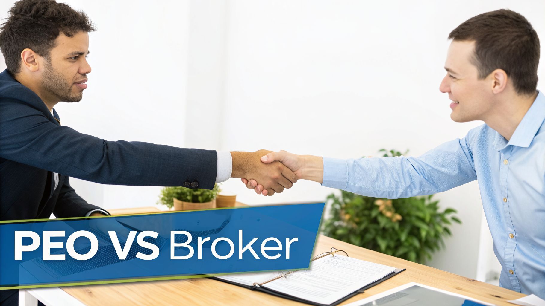 Two men in business attire shake hands across a desk, with a 