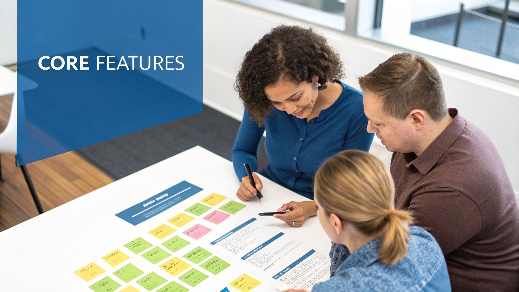 Three diverse colleagues collaborate on a project with sticky notes and documents on a white table.