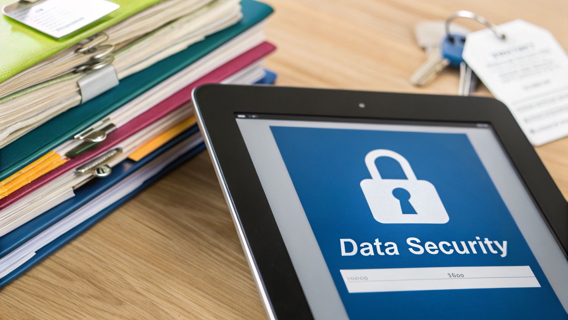 Tablet displaying a data security screen with a padlock icon, next to stacked files and keys.
