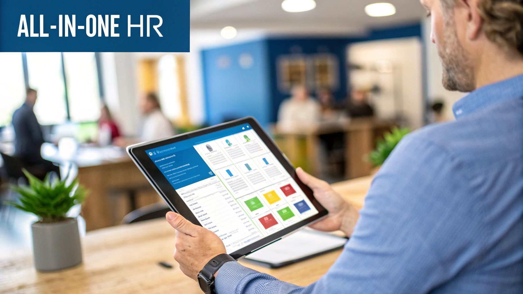 A man reviews an all-in-one HR platform on a tablet in a modern office environment.