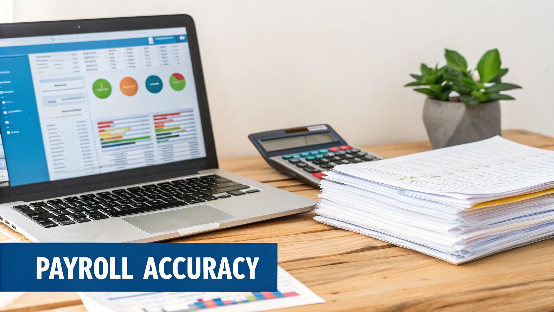 A desk with a laptop displaying financial data, a calculator, and a stack of payroll documents.