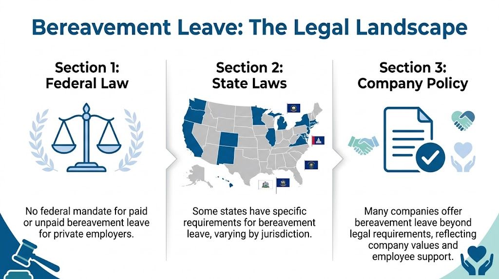 An infographic titled Bereavement Leave: The Legal Landscape explaining federal law, state variations, and company policies.
