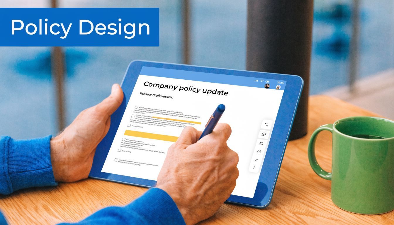 A person reviews a company policy update document on a digital tablet with a stylus.