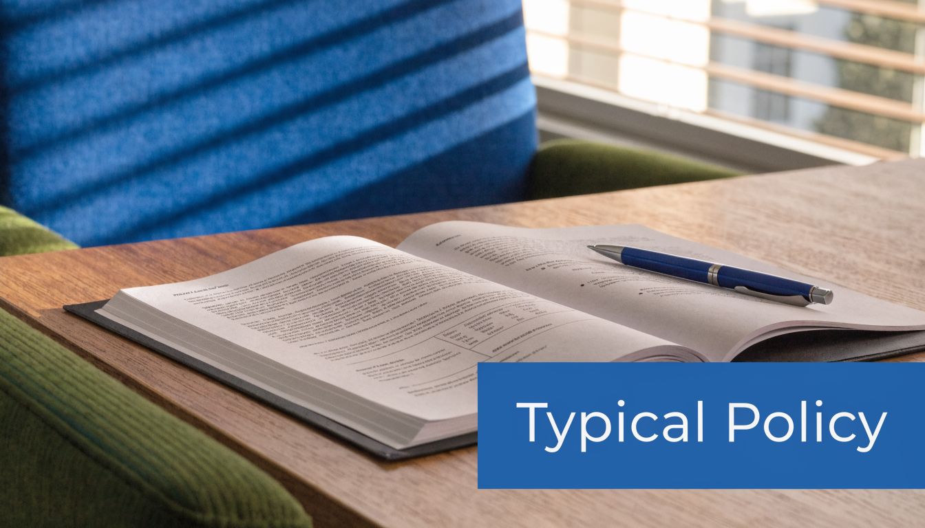 A professional desk setting with an open policy document and a blue pen, representing workplace regulations.