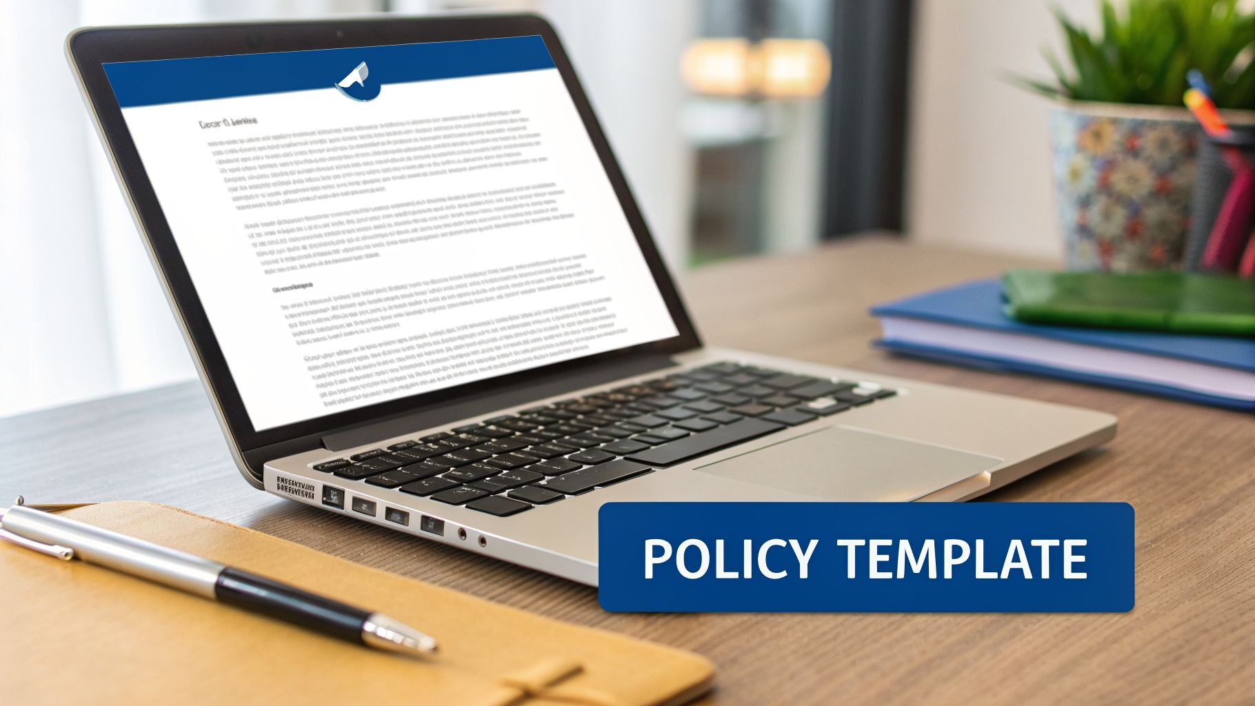 Laptop screen displaying a policy template document, with a pen and office supplies on a wooden desk.