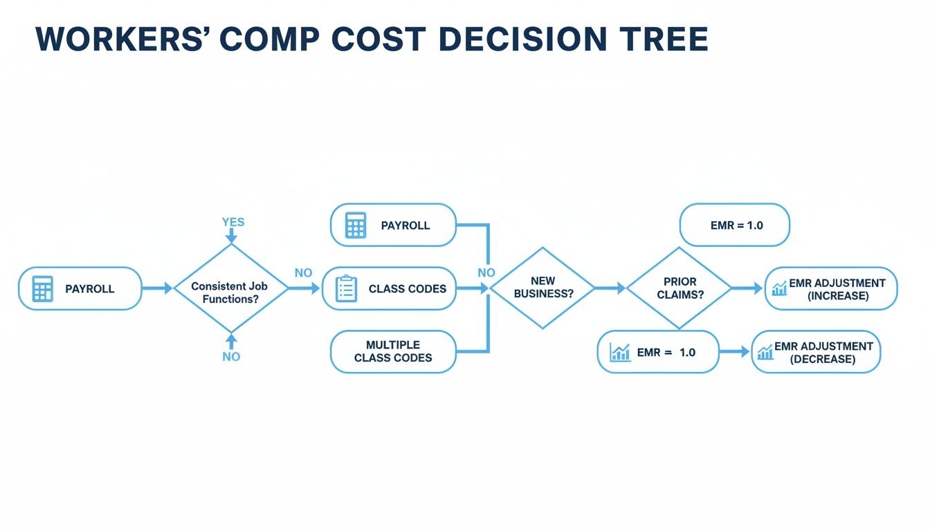 A decision tree flowchart illustrating factors influencing workers' compensation cost and experience modification rate (EMR) adjustments.