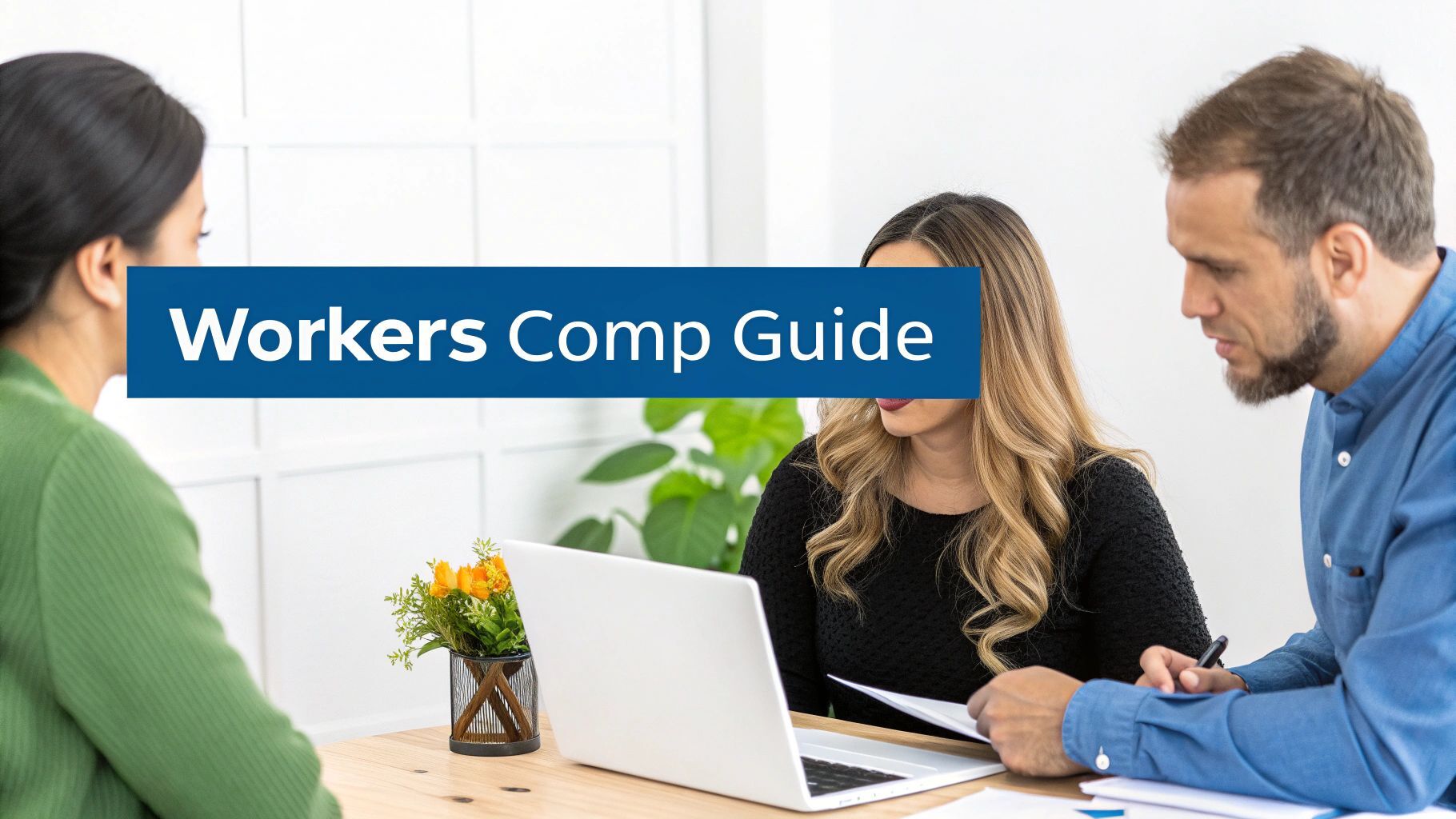 Three business professionals discussing documents and a laptop, with a prominent 'Workers Comp Guide' banner.
