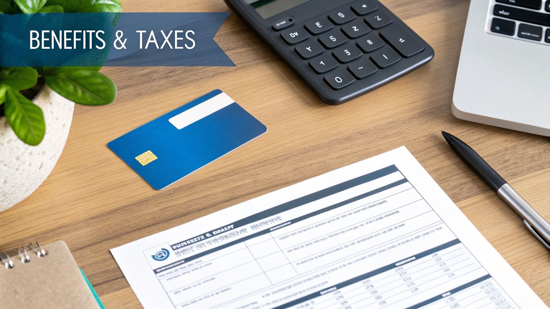 A desk with financial documents, a calculator, a laptop, a credit card, and a 'BENEFITS & TAXES' banner.