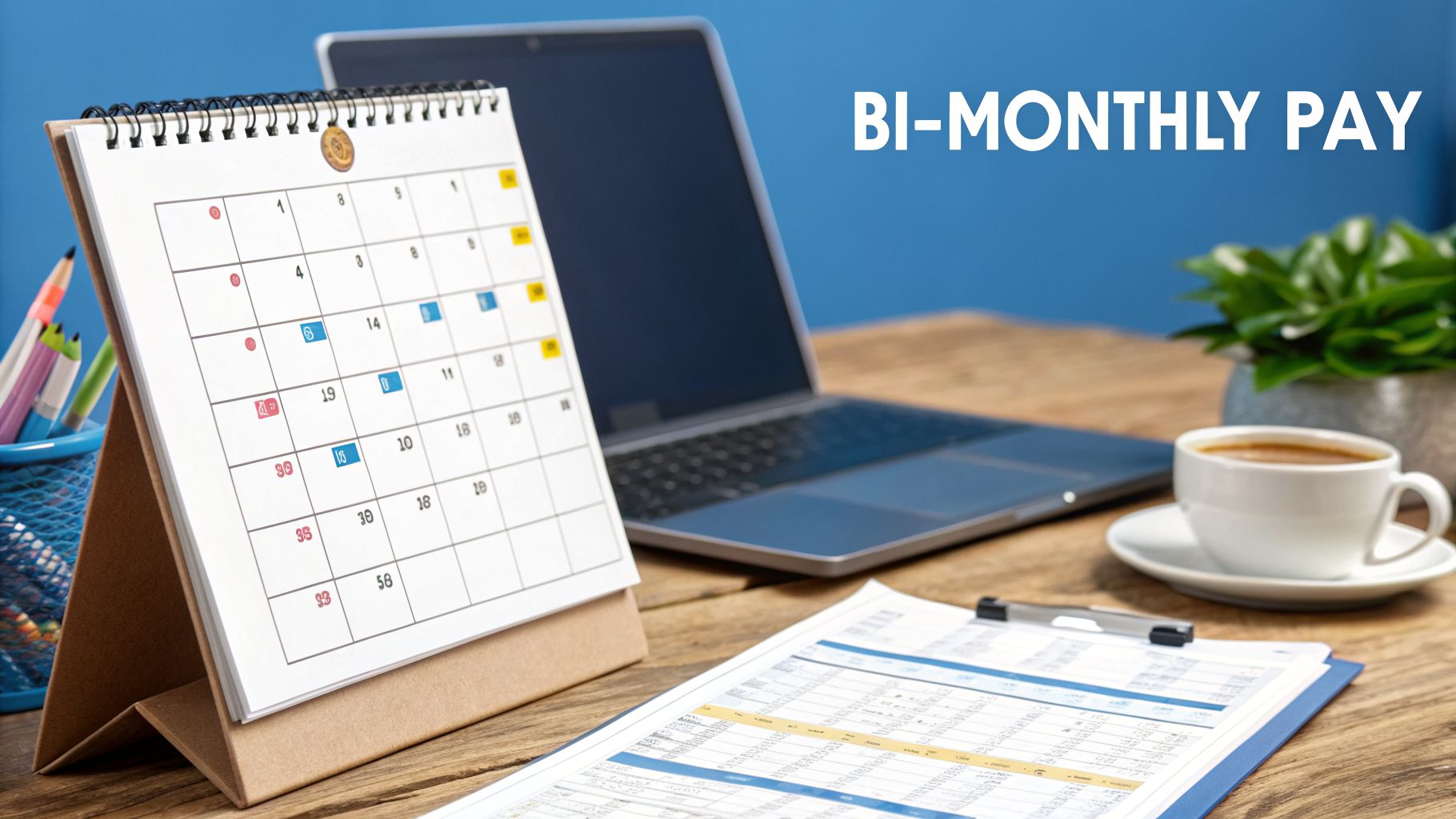 Bi-monthly pay calendar with laptop, coffee, and financial documents on a wooden desk.