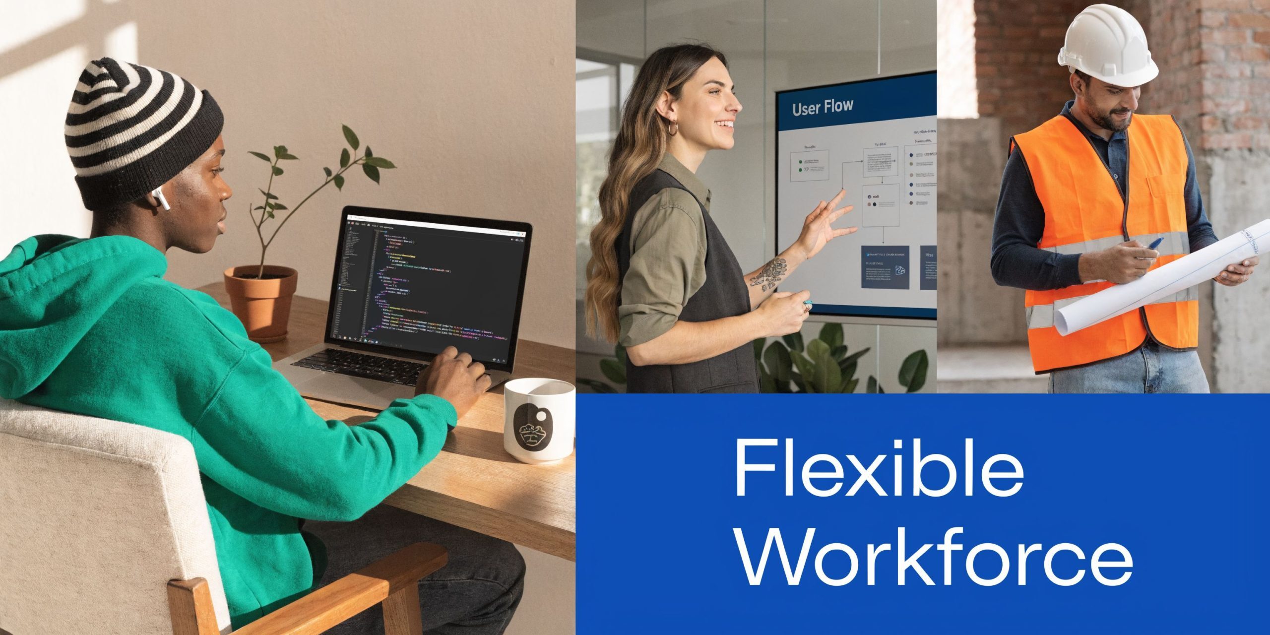 A diverse group of professionals working in different environments including a programmer, a designer, and a construction worker.