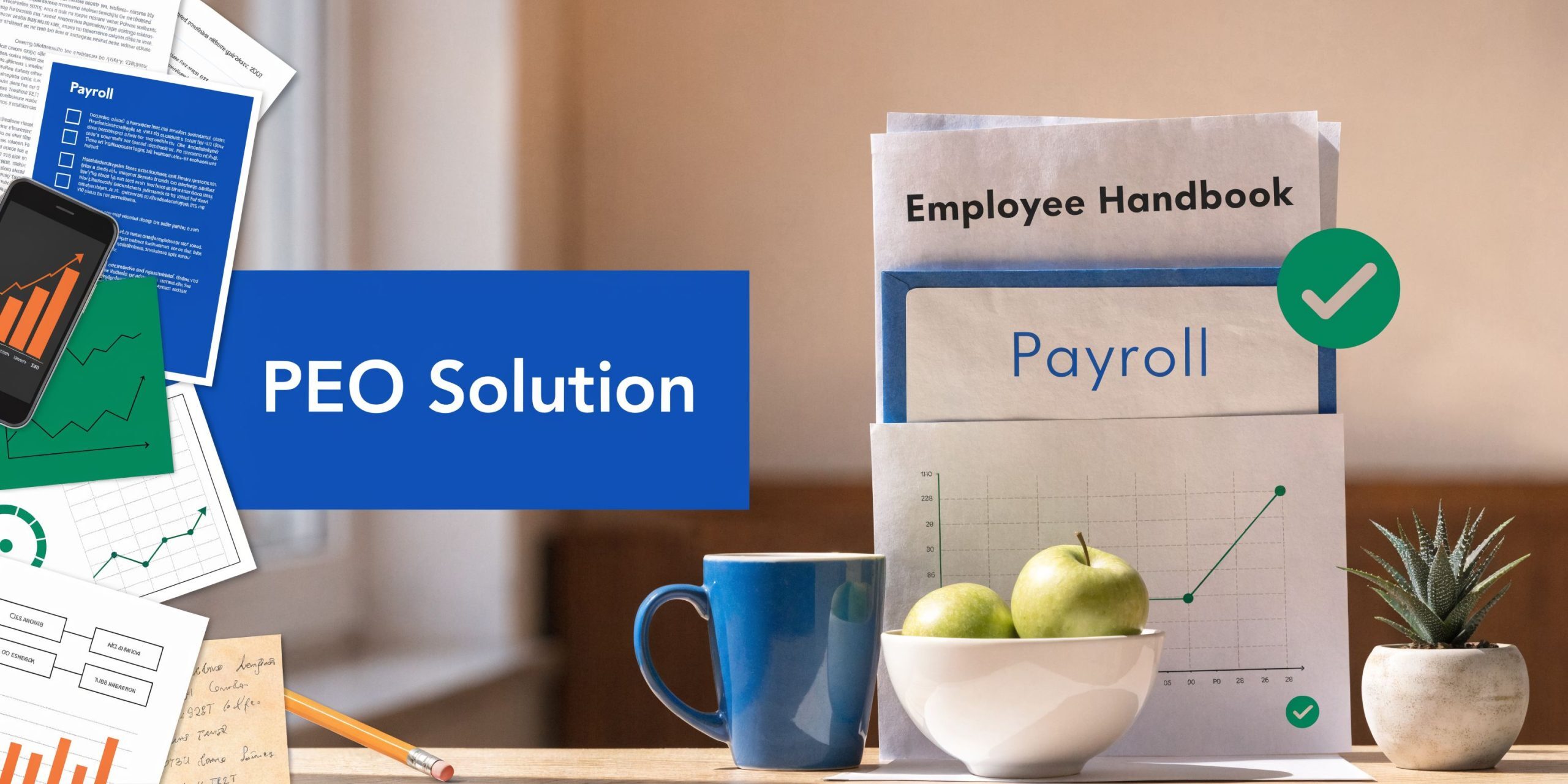 A professional office desk featuring documents labeled Employee Handbook and Payroll alongside a graph and coffee.