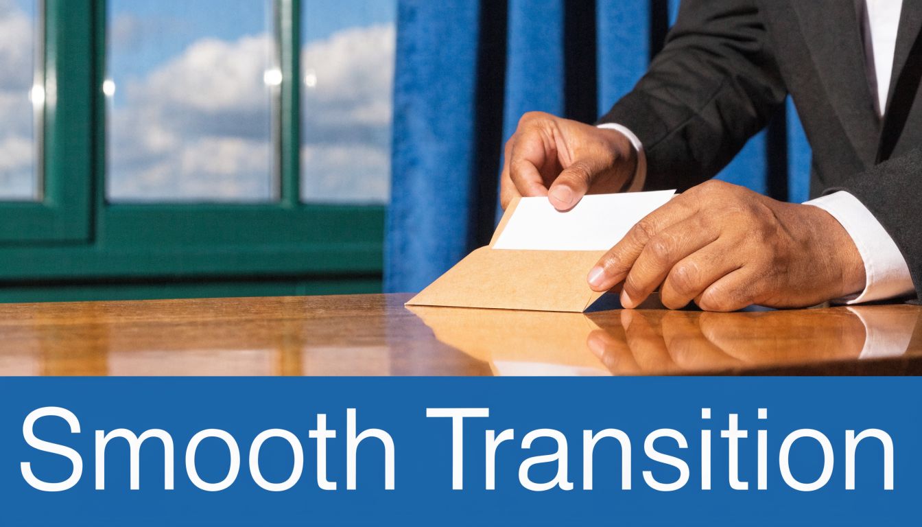 A person in a suit placing a blank white card into an envelope on a desk.