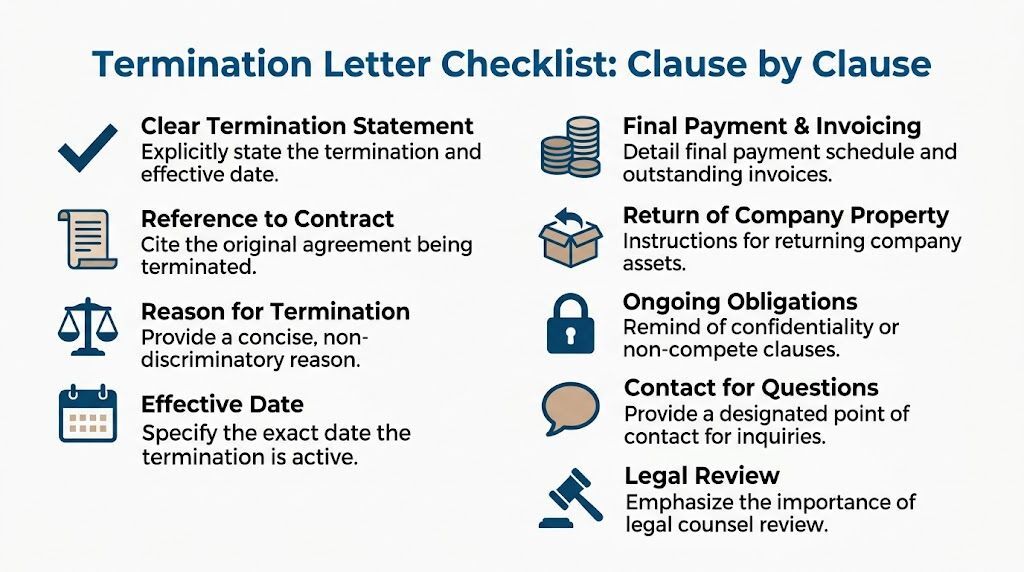 An infographic checklist outlining the essential components and clauses required for a professional contract termination letter.