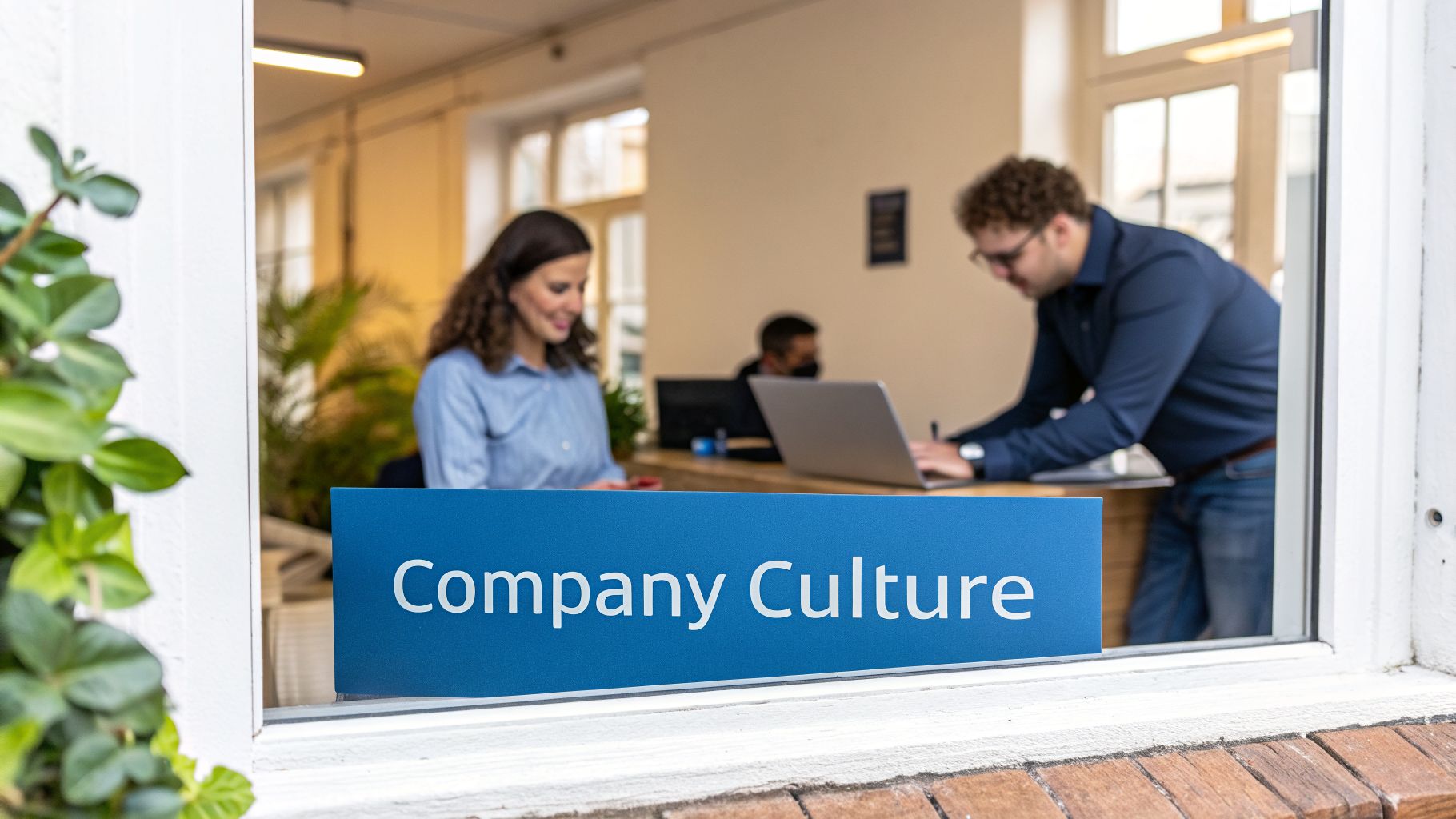 A 'Company Culture' sign in focus through a window, with blurred employees working in an office background.