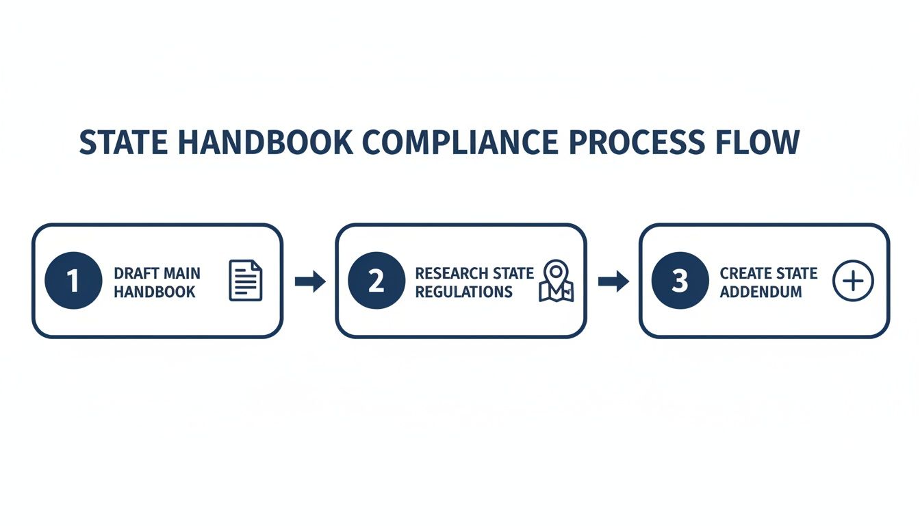 A flowchart detailing the three-step State Handbook Compliance Process: drafting, researching, and creating addendums.