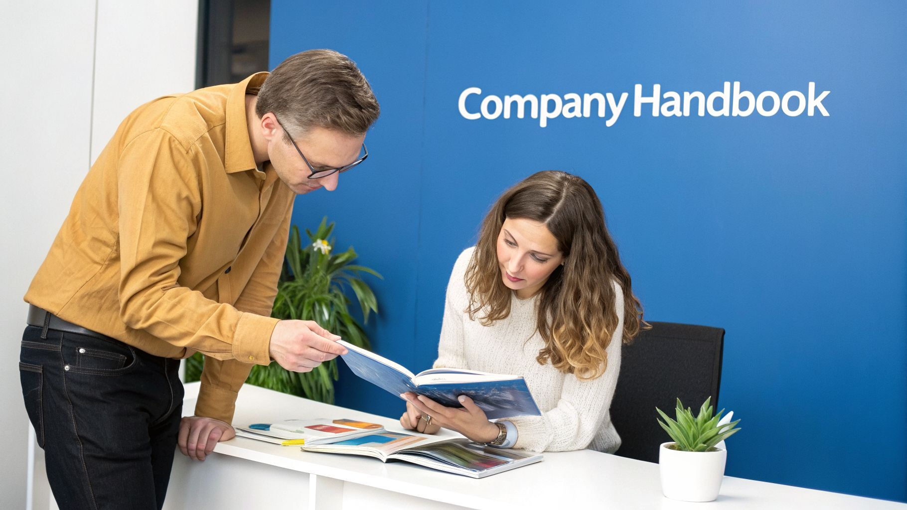 A man and woman collaboratively read the 'Company Handbook' at a modern office desk.