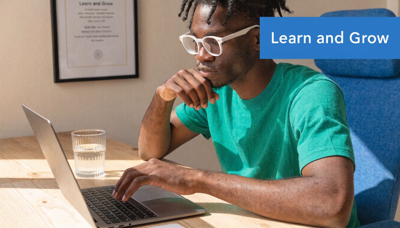 A young professional with braided hair sitting at a desk wearing glasses while typing on a laptop.