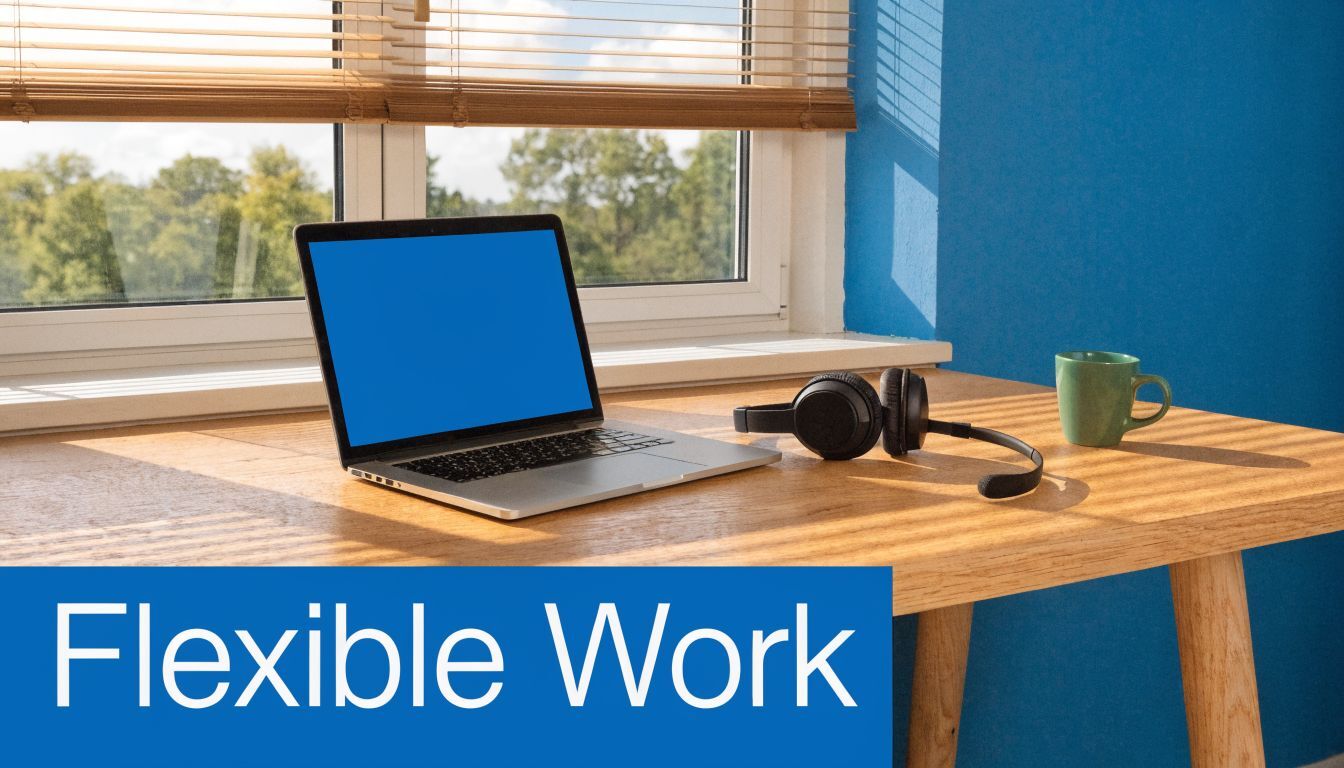 A silver laptop and a headset sit on a wooden desk near a window for remote work.