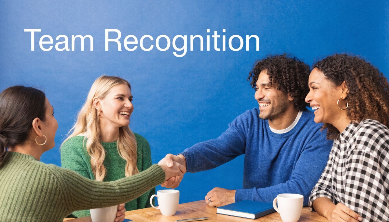 A diverse group of four smiling professionals shaking hands while sitting at a table with coffee mugs.