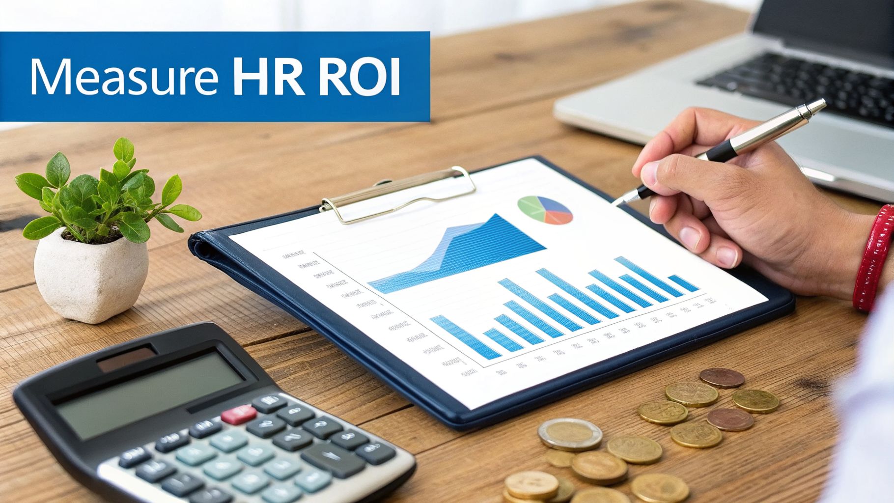 A hand writes on a clipboard with HR ROI charts, a calculator, and coins on a wooden desk.