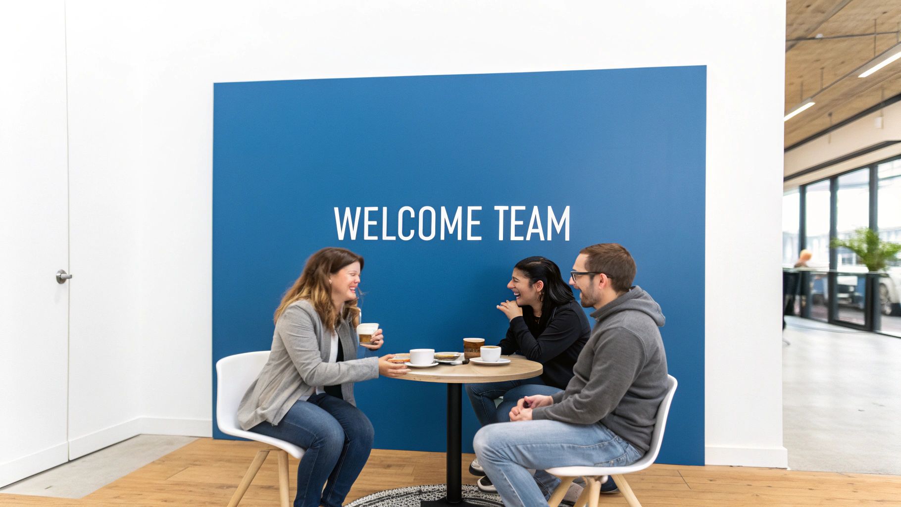 Three diverse colleagues smiling and chatting over coffee at a small table, with 'WELCOME TEAM' on the wall.
