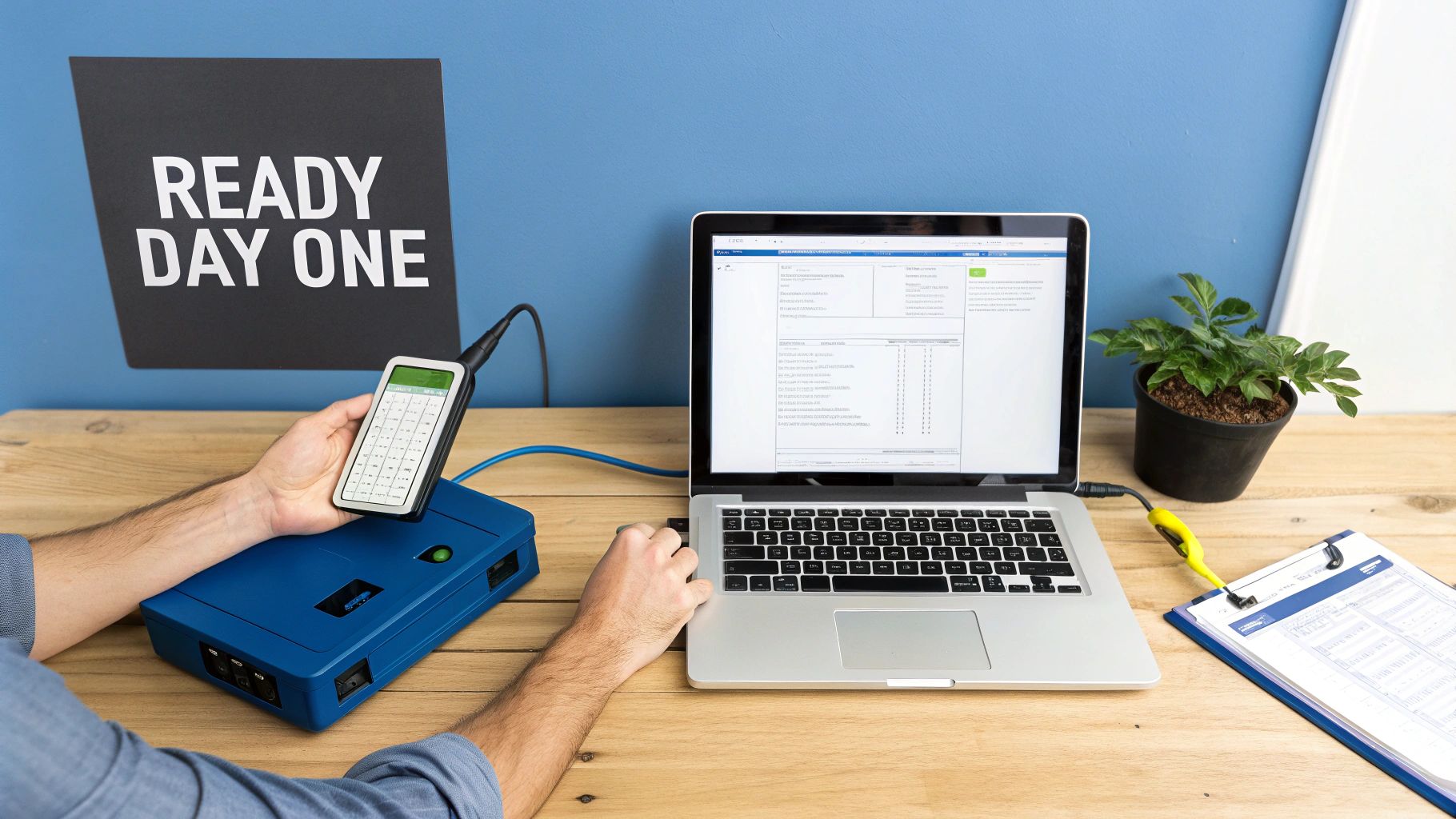 Person's hands operating a laptop and testing equipment on a wooden desk, with a 'READY DAY ONE' sign.