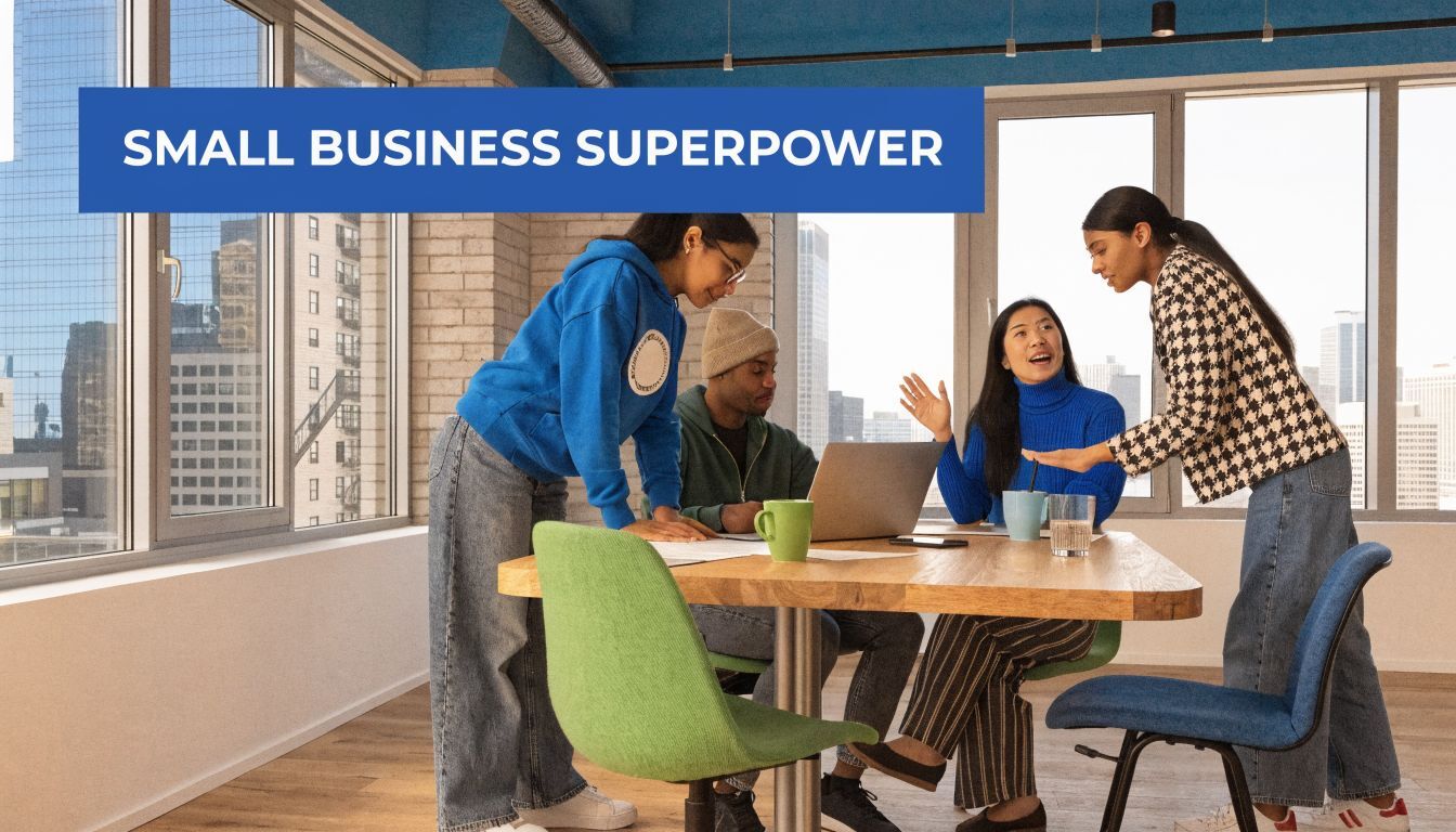 A diverse group of young professionals collaborating in a bright, modern office with a city view.