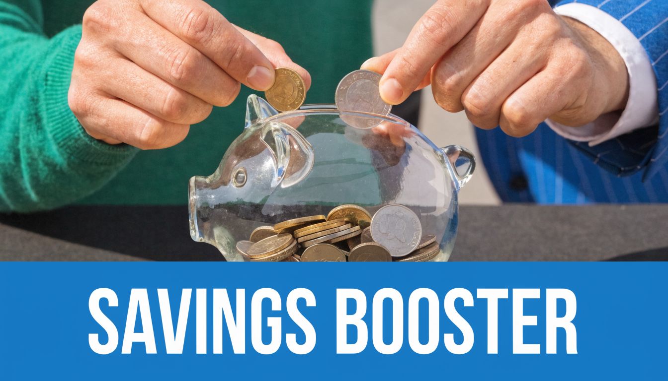 Two people placing coins into a clear glass piggy bank to save money for their future.