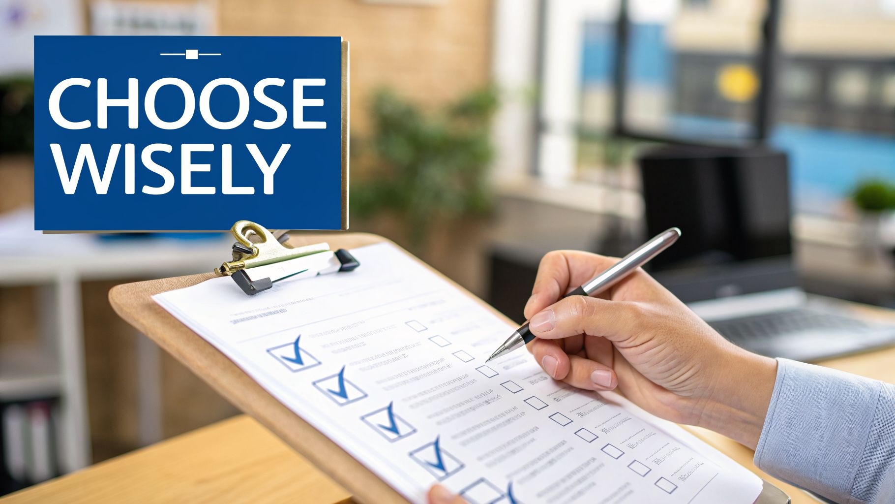A person's hand marks choices on a checklist with a pen, next to a 'CHOOSE WISELY' sign.