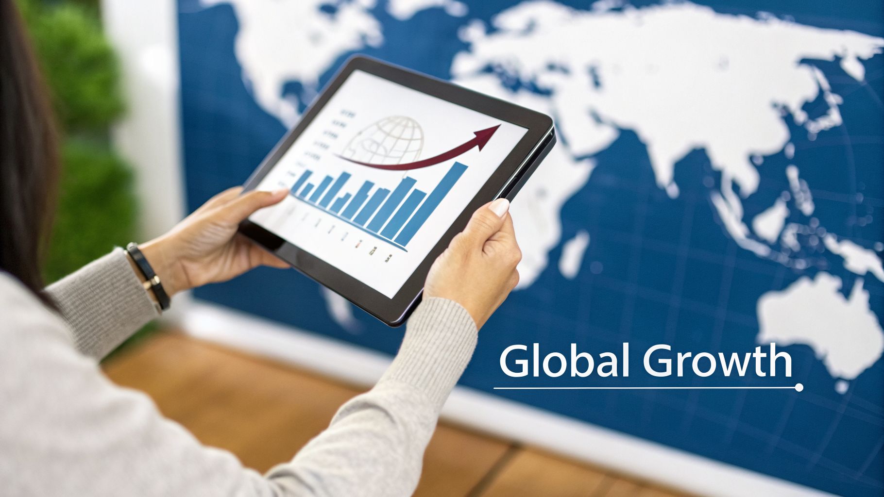 Hands holding a tablet displaying a bar graph and an upward arrow, with a world map behind, symbolizing global growth.