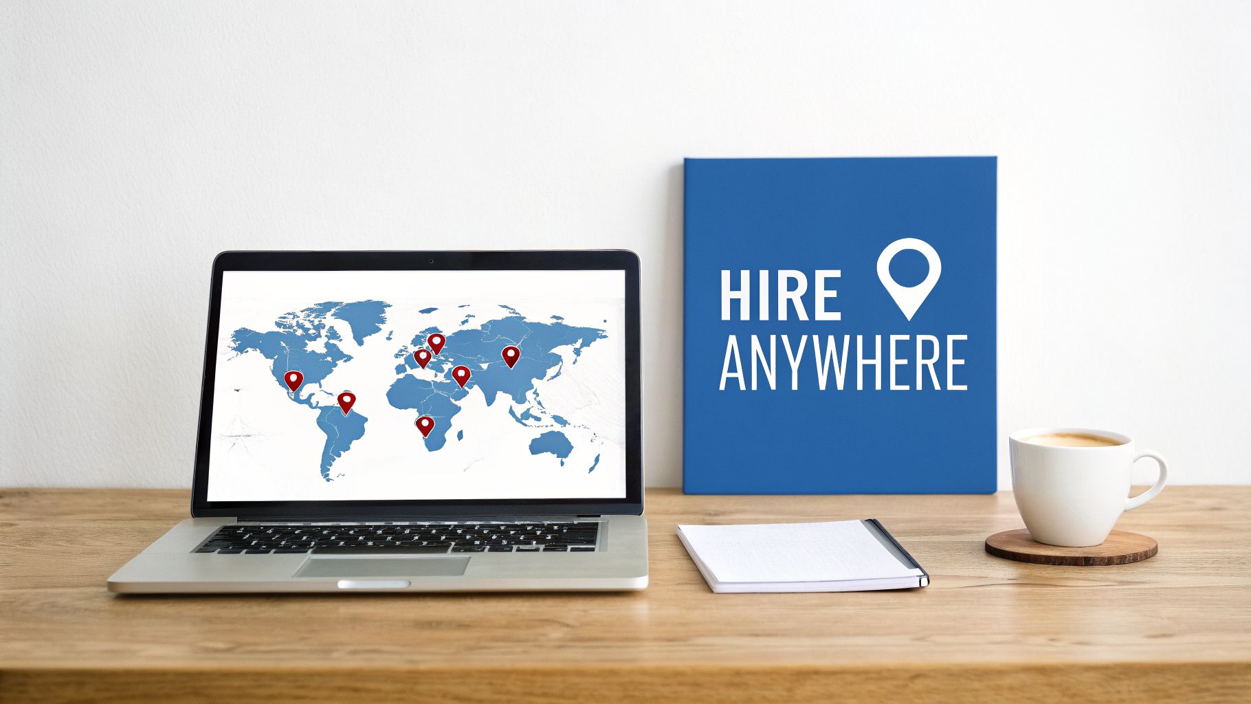 A laptop displays a world map with location pins, next to a 'HIRE ANYWHERE' sign and a coffee.