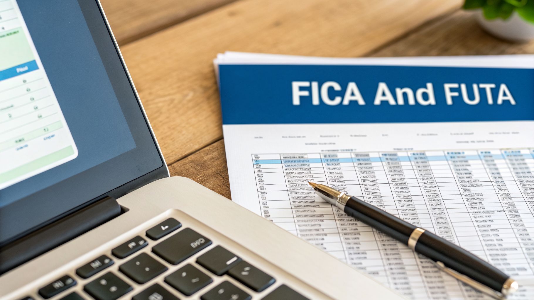 A laptop, a pen, and a document titled 'FICA And FUTA' on a wooden desk.