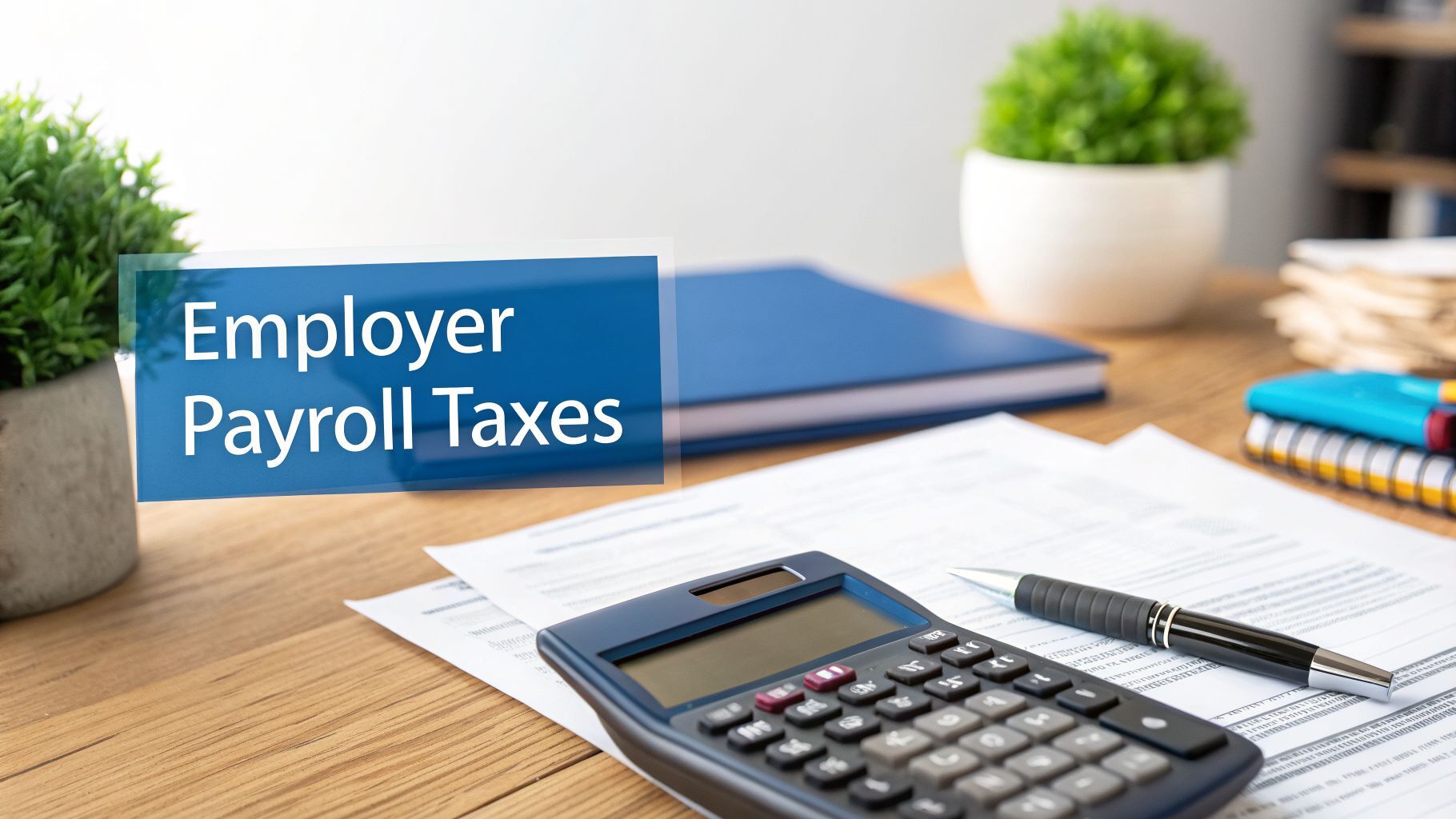 Desk with a calculator, pen, documents, and plants, highlighting 'Employer Payroll Taxes' text.