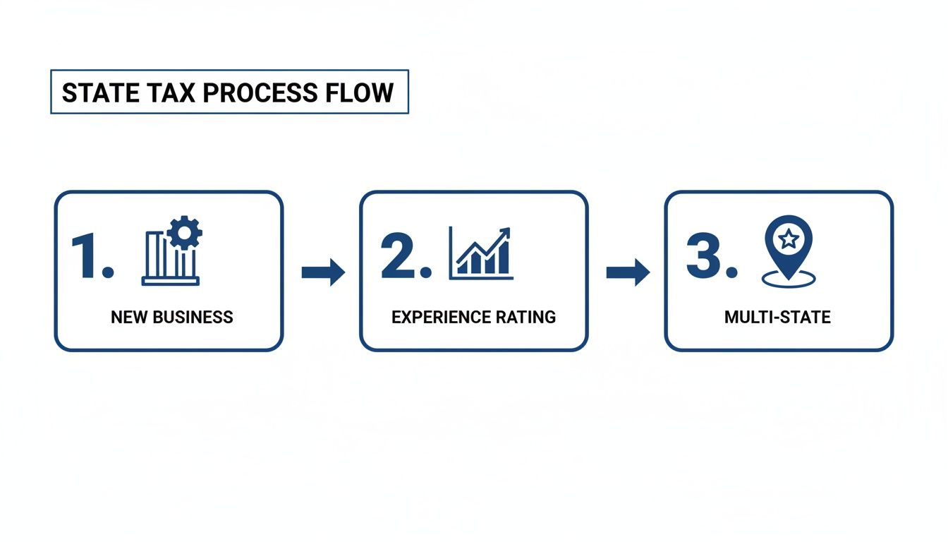 A state tax process flow illustrating steps for new business, experience rating, and multi-state operations.