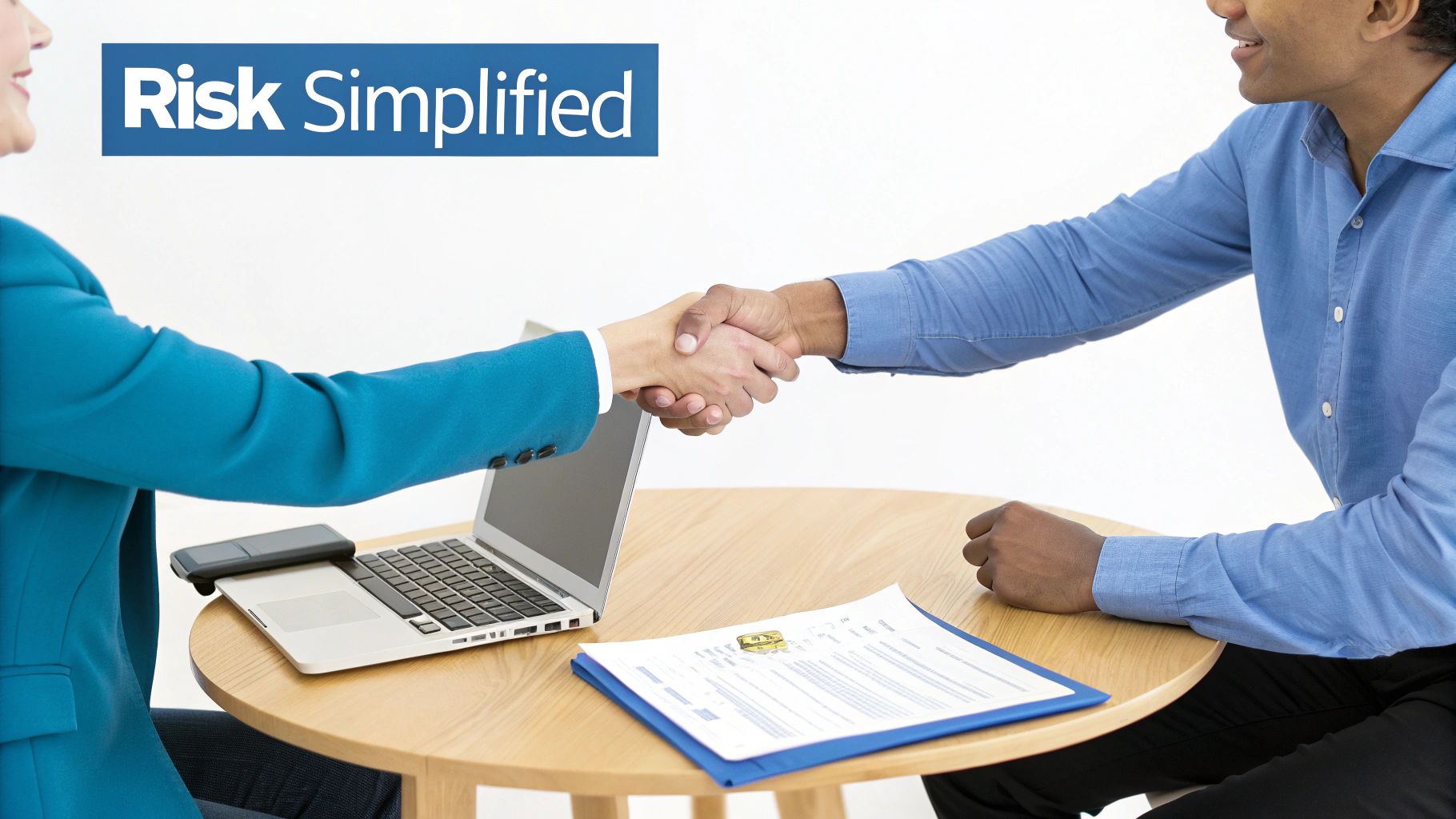 Two business people shaking hands over a table with a laptop and documents, embodying partnership and agreement.