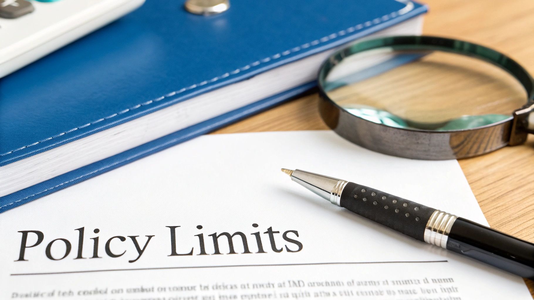 A document titled 'Policy Limits' with a pen, magnifying glass, and a blue book on a wooden desk.