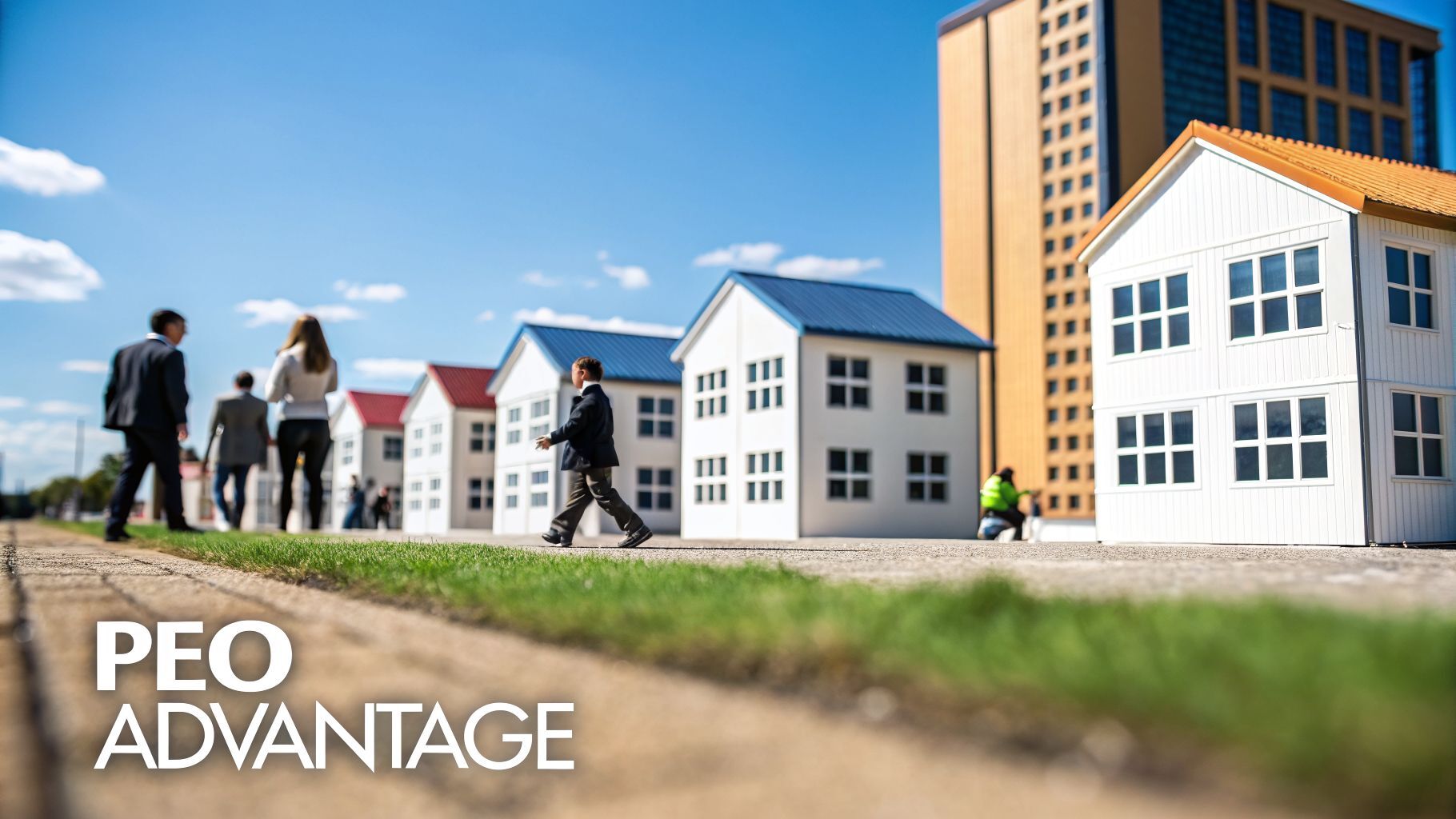 Business professionals walk past miniature houses and a tall building under a blue sky.