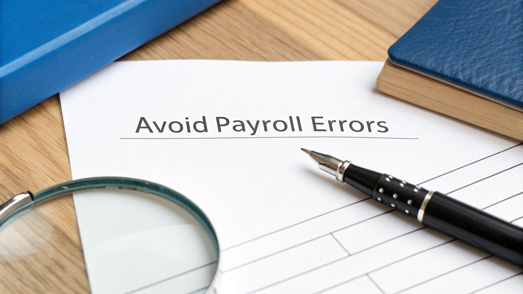 Document titled 'Avoid Payroll Errors' on a wooden desk with a pen and magnifying glass.