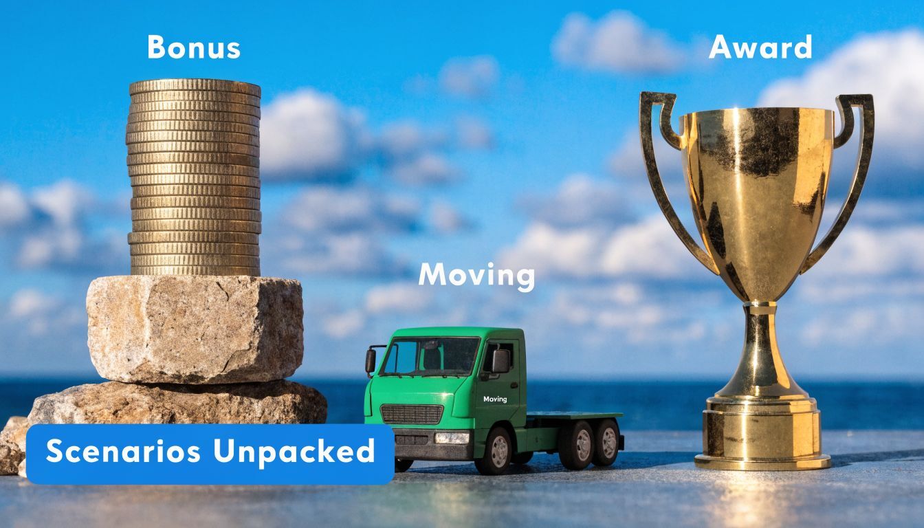 A conceptual image showing a stack of coins, a green truck, and a gold trophy outdoors.
