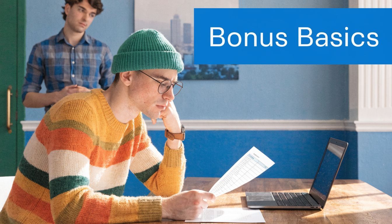 A man in a colorful striped sweater reads documents at a desk while his colleague stands behind.