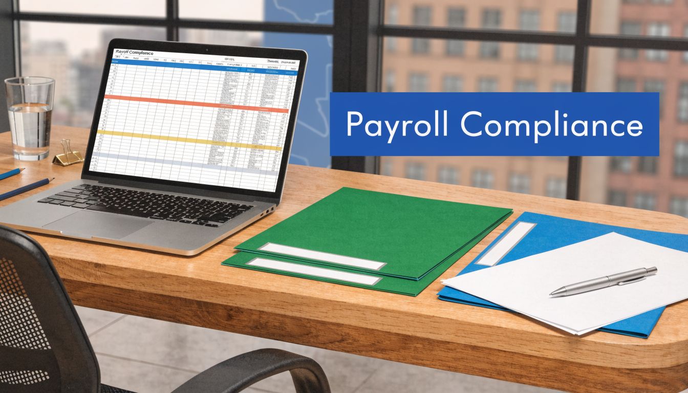 A professional office desk featuring a laptop showing a payroll spreadsheet, green folders, and a pen.