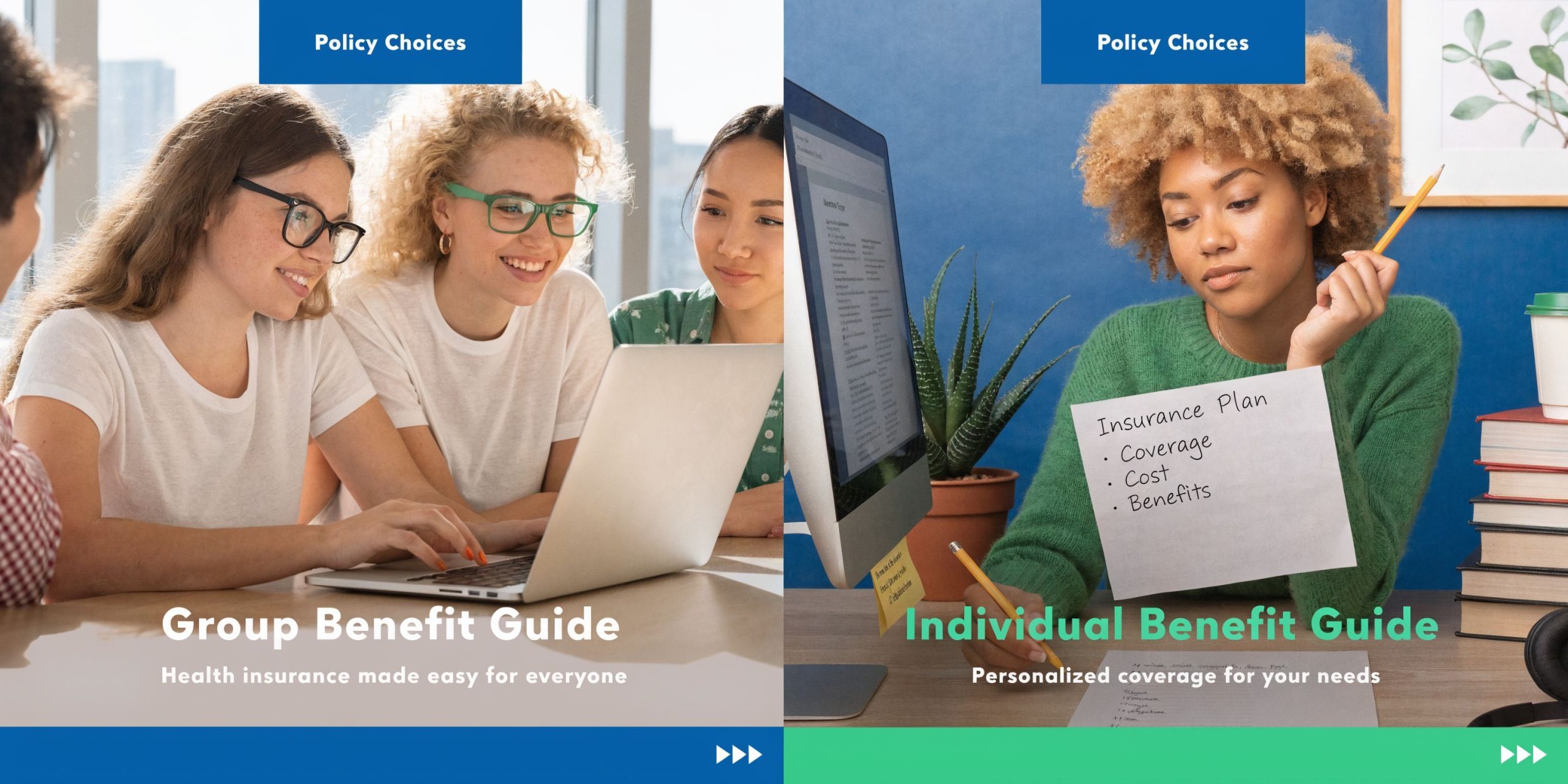 A split-screen comparison showing a group using a laptop for insurance research and an individual reviewing documents.
