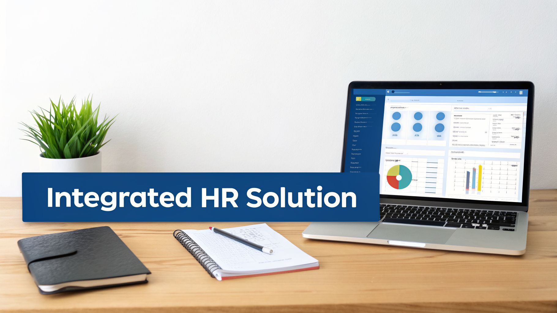 A laptop on a wooden desk displays an integrated HR solution dashboard, with a plant, notebook, and a banner reading 'Integrated HR Solution'.