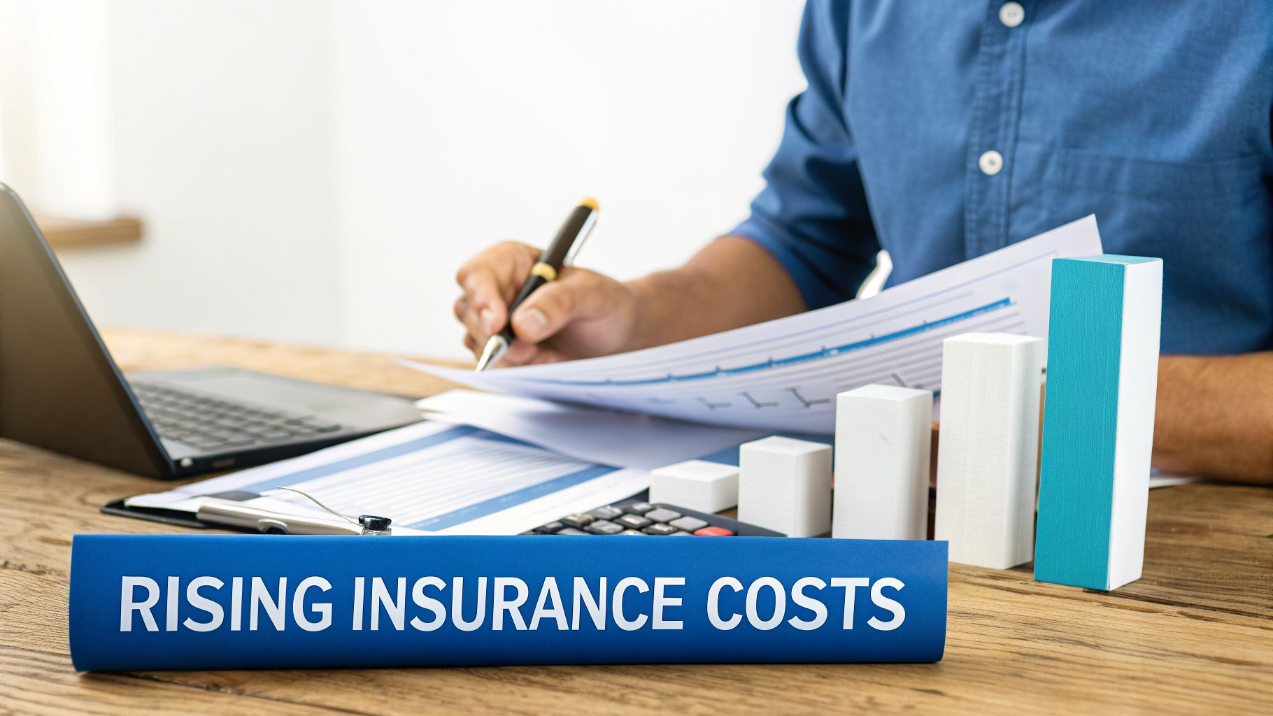 A person calculates finances with a laptop and a prominent sign reading 'RISING INSURANCE COSTS'.