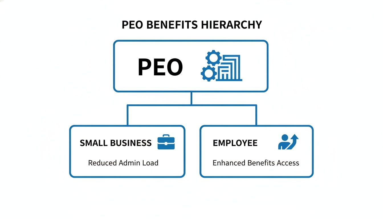Diagram illustrating PEO (Professional Employer Organization) benefits for small businesses and their employees.